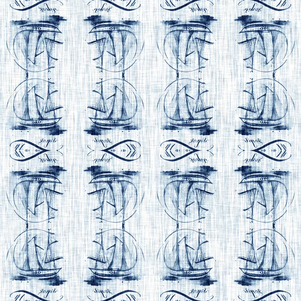 stock image Indigo Dye Wash Coastal Damask Quilt Seamless Pattern. Washed out Dip Dyed Blur effect for Nautical and Marine Ocean Blue Interior Textile Backgrounds with Linen Texture Tile