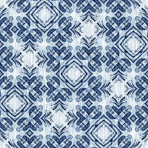 Indigo Dye Wash Coastal Damask Quilt Seamless Pattern Washed Out — Stock Photo, Image