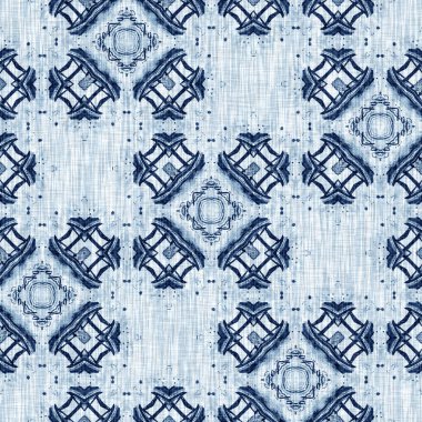 Indigo Dye Wash Coastal Damask Quilt Seamless Pattern. Washed out Dip Dyed Blur effect for Nautical and Marine Ocean Blue Interior Textile Backgrounds with Linen Texture Tile