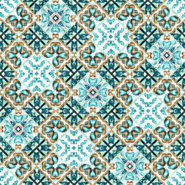  Modern nantucket summer printed fabric seamless repeat.Teal beach house coastal style patchwork pattern tile.