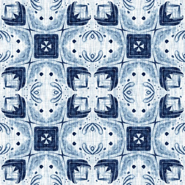 Indigo Dye Wash Coastal Damask Quilt Seamless Pattern Washed Out — Stok fotoğraf