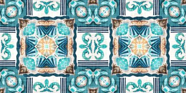  Modern nantucket summer printed edging time fabric. Banner ribbon in seamless repeat.Teal beach house border in coastal style patchwork pattern.