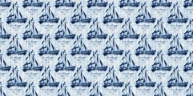 Washed out geometric dip dyed blur effect edging. Nautical and marine ocean blue masculine endless tape background with linen texture trim.Indigo dye wash coastal damask seamless border pattern. 