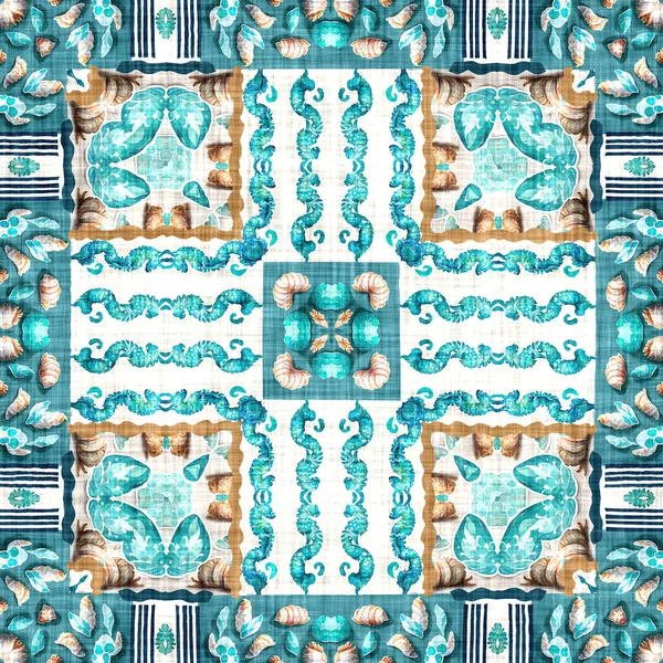  Modern nantucket summer printed fabric seamless repeat.Teal beach house coastal style patchwork pattern tile.