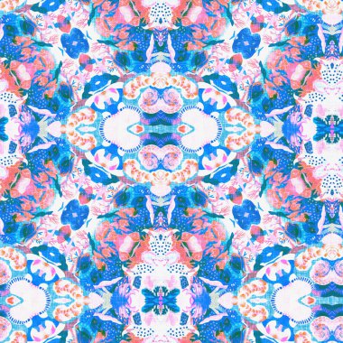  Kusursuz sahil bulanık keten efekti geometrik mozaik etkisi. Boho Patchwork, yaz modası boyunca denizcilik meraklısı. Kırmızı Mavili canlı suluboya batik azulejos fayans arka planı.