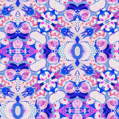 Boho Patchwork, yaz modası boyunca denizcilik meraklısı. Parlak kırmızı mavi canlı suluboya batik azulejos fayans arka planı. Kusursuz sahil bulanık keten efekti geometrik mozaik etkisi.