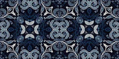  Kusursuz boho kot pantolon mavi pankart kenar tasarımı. Moda erkeksiliği, uçsuz bucaksız kenar kesimi. Retro indigo çiçekli bandana 2 ton desenli kumaş kenar arka planı.