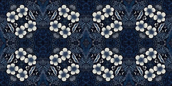 Seamless boho denim blue banner edge design. Fashion masculine endless edging trim . Retro indigo floral bandana 2 tone patterned fabric border background.