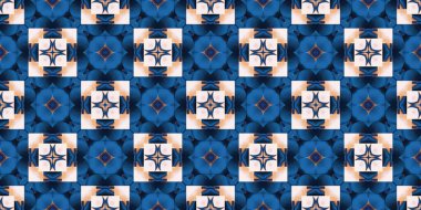  Seamless coastal geometrical floral mosaic effect banner. Ornamental blur bleed arabesque summer fashion repeat edge trim.Blue white watercolor azulejo tile border background.