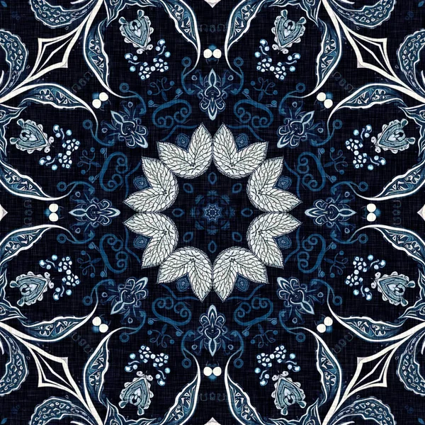 Seamless boho denim blue design. Fashion masculine wall paper. Retro indigo floral bandana patterned fabric background.