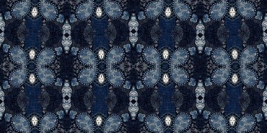  Kusursuz boho kot pantolon mavi pankart kenar tasarımı. Moda erkeksiliği, uçsuz bucaksız kenar kesimi. Retro indigo çiçekli bandana 2 ton desenli kumaş kenar arka planı.