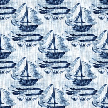 Çivit boyası, sahil temizliği, Damask yorganı, kusursuz desen. Dip Boyalı Görüntü efekti Deniz ve Deniz Mavisi İç Tekstil Arkaplanlarında keten desenli döşeme efekti