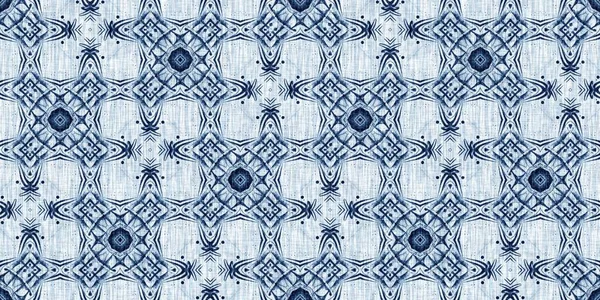 Washed out geometric dip dyed blur effect edging. Nautical and marine ocean blue masculine endless tape background with linen texture trim.Indigo dye wash coastal damask seamless border pattern.