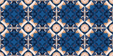  Seamless coastal geometrical floral mosaic effect banner. Ornamental blur bleed arabesque summer fashion repeat edge trim.Blue white watercolor azulejo tile border background.
