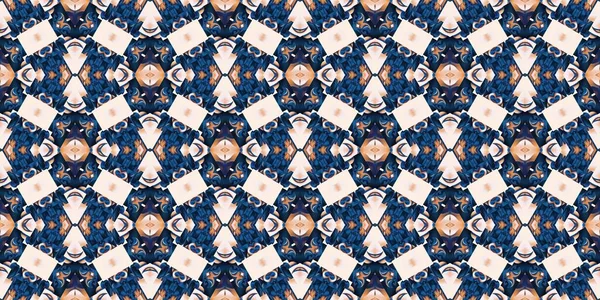 Seamless coastal geometrical floral mosaic effect banner. Ornamental blur bleed arabesque summer fashion repeat edge trim.Blue white watercolor azulejo tile border background.