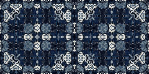 Seamless boho denim blue banner edge design. Fashion masculine endless edging trim . Retro indigo floral bandana 2 tone patterned fabric border background.