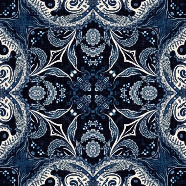  Kusursuz boho kot mavi tasarımı. Moda maskülen duvar kağıdı. Retro indigo çiçekli bandana desenli kumaş arkaplan.