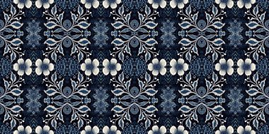  Kusursuz boho kot pantolon mavi pankart kenar tasarımı. Moda erkeksiliği, uçsuz bucaksız kenar kesimi. Retro indigo çiçekli bandana 2 ton desenli kumaş kenar arka planı.