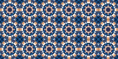  Seamless coastal geometrical floral mosaic effect banner. Ornamental blur bleed arabesque summer fashion repeat edge trim.Blue white watercolor azulejo tile border background.