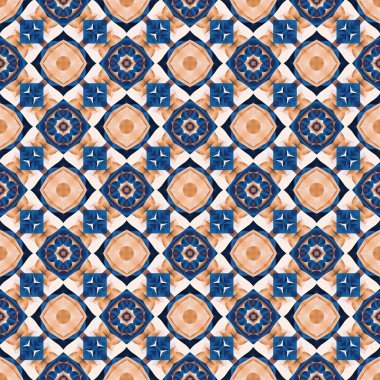  Seamless coastal blur painterly geometric mosaic effect. Patchwork blur masculine all over summer fashion damask repeat,Indigo Blue white watercolor batik azulejos tile background.