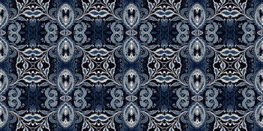  Kusursuz boho kot pantolon mavi pankart kenar tasarımı. Moda erkeksiliği, uçsuz bucaksız kenar kesimi. Retro indigo çiçekli bandana 2 ton desenli kumaş kenar arka planı.