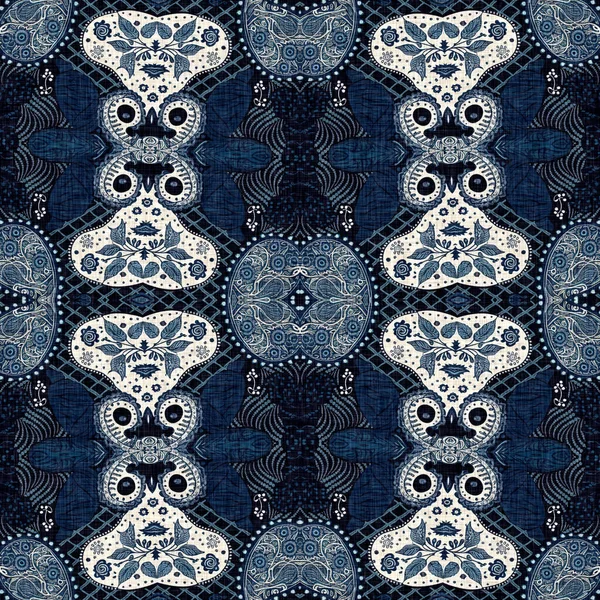 Seamless boho denim blue design. Fashion masculine wall paper. Retro indigo floral bandana patterned fabric background.