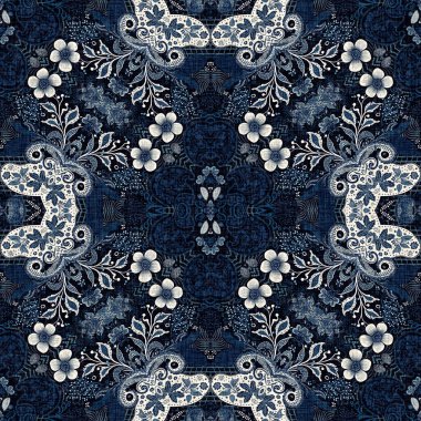  Kusursuz boho kot mavi tasarımı. Moda maskülen duvar kağıdı. Retro indigo çiçekli bandana desenli kumaş arkaplan.