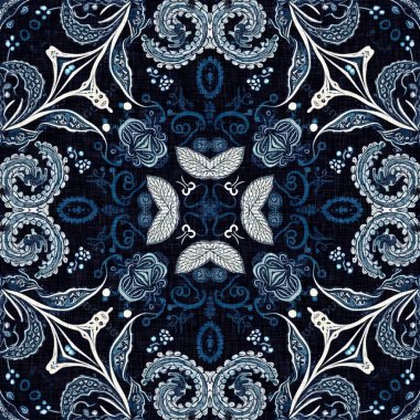  Kusursuz boho kot mavi tasarımı. Moda maskülen duvar kağıdı. Retro indigo çiçekli bandana desenli kumaş arkaplan.