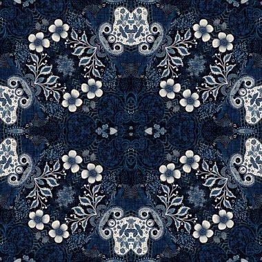  Kusursuz boho kot mavi tasarımı. Moda maskülen duvar kağıdı. Retro indigo çiçekli bandana desenli kumaş arkaplan.