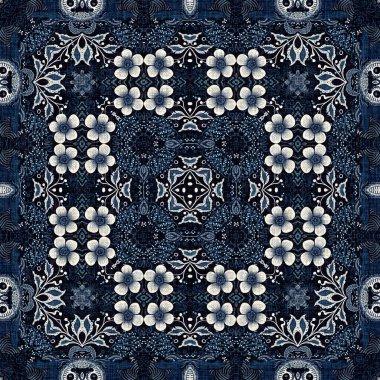  Kusursuz boho kot mavi tasarımı. Moda maskülen duvar kağıdı. Retro indigo çiçekli bandana desenli kumaş arkaplan.