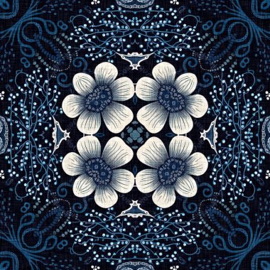  Kusursuz boho kot mavi tasarımı. Moda maskülen duvar kağıdı. Retro indigo çiçekli bandana desenli kumaş arkaplan.