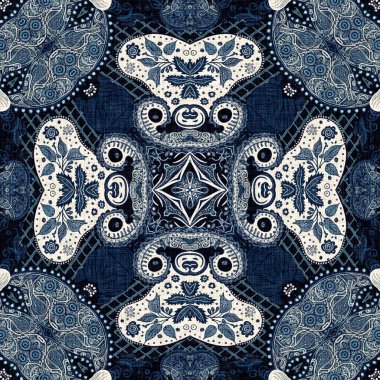  Kusursuz boho kot mavi tasarımı. Moda maskülen duvar kağıdı. Retro indigo çiçekli bandana desenli kumaş arkaplan.