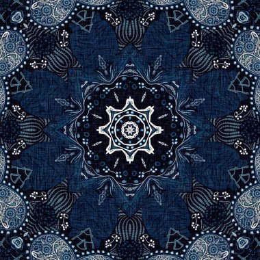  Kusursuz boho kot mavi tasarımı. Moda maskülen duvar kağıdı. Retro indigo çiçekli bandana desenli kumaş arkaplan.