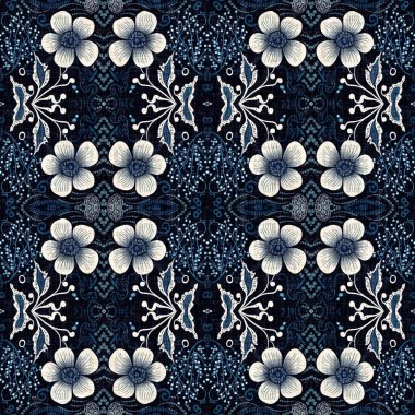  Kusursuz boho kot mavi tasarımı. Moda maskülen duvar kağıdı. Retro indigo çiçekli bandana desenli kumaş arkaplan.