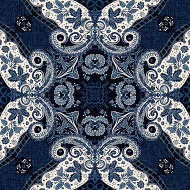  Kusursuz boho kot mavi tasarımı. Moda maskülen duvar kağıdı. Retro indigo çiçekli bandana desenli kumaş arkaplan.