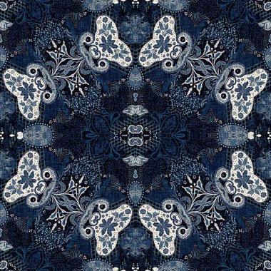  Kusursuz boho kot mavi tasarımı. Moda maskülen duvar kağıdı. Retro indigo çiçekli bandana desenli kumaş arkaplan.