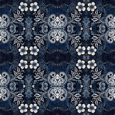  Kusursuz boho kot mavi tasarımı. Moda maskülen duvar kağıdı. Retro indigo çiçekli bandana desenli kumaş arkaplan.