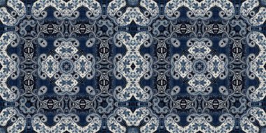  Kusursuz boho kot pantolon mavi pankart kenar tasarımı. Moda erkeksiliği, uçsuz bucaksız kenar kesimi. Retro indigo çiçekli bandana 2 ton desenli kumaş kenar arka planı.