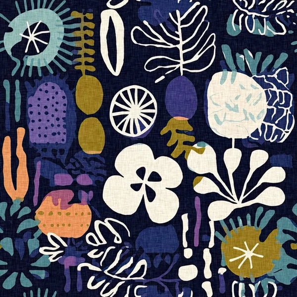 Fabric print for summer beachy textile designs with a linen cotton effect. Seamless trendy fun modern pattern clash repeat background