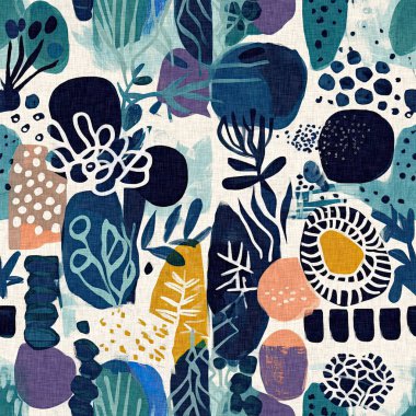 Keten pamuk efektli yaz tekstil tasarımları için kumaş baskısı. Kusursuz modaya uygun modern model çakışması arka planda tekrarla