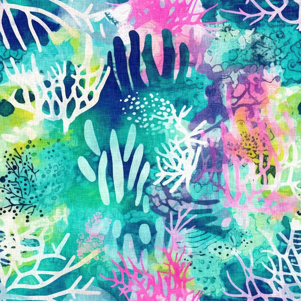 无缝隙的潮流水下海带和海藻重复背景 热带现代沿海图案与具有亚麻棉织物效果的夏季海滩纺织品图案的珊瑚礁图案相抵触 — 图库照片