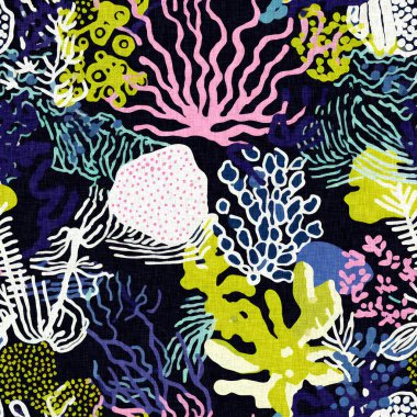  Su altı yosunları ve deniz yosunları arka planda son moda. Tropikal modern kıyı desenleri kumaş mercan resifi baskısı yaz tekstil tasarımları için keten pamuk efektli.