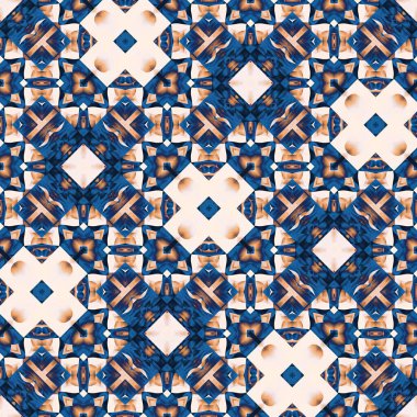 Seamless coastal blur painterly geometric mosaic effect. Patchwork blur masculine all over summer fashion damask repeat,Indigo Blue white watercolor batik azulejos tile background.