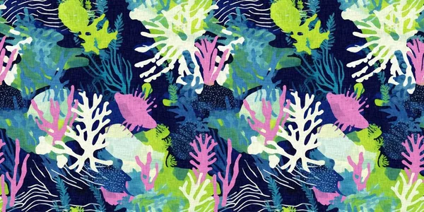 无缝隙的潮流水下海带和海藻带边缘背景 具有亚麻棉效果的热带现代沿海图案与夏季海滩纺织品图案的珊瑚礁边印花有冲突 — 图库照片