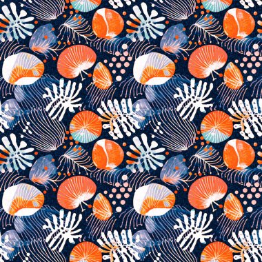  Tropikal modern deniz kabuğu kıyı desenleri kumaş mercan resifi baskısı yaz tekstil tasarımları için keten pamuk efektli. Kusursuz mavi sualtı kabuğu. Arka planı tekrarla.. 