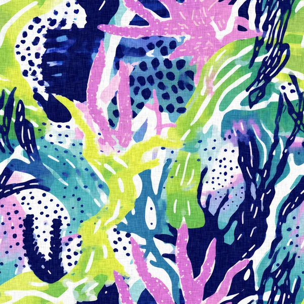 无缝隙的潮流水下海带和海藻重复背景 热带现代沿海图案与具有亚麻棉织物效果的夏季海滩纺织品图案的珊瑚礁图案相抵触 — 图库照片