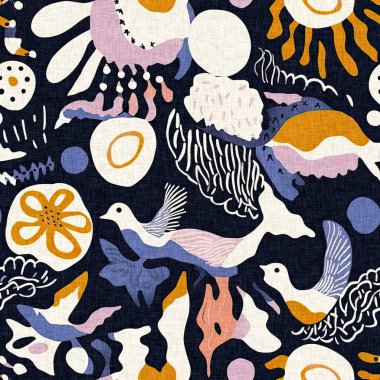 Keten pamuk efektli yaz tekstil tasarımları için kumaş baskısı. Kusursuz modaya uygun modern model çakışması arka planda tekrarla