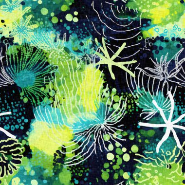  Su altı yosunları ve deniz yosunları arka planda son moda. Tropikal modern kıyı desenleri kumaş mercan resifi baskısı yaz tekstil tasarımları için keten pamuk efektli.