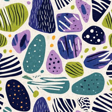  Tropik modern plaj taşları kıyı desenleri, yaz tekstil tasarımları için temiz keten pamuklu kumaş baskıları. Kusursuz, modası geçmiş çakıl taşı tekrarı arka plan.. 