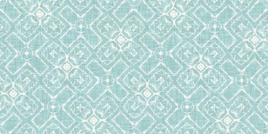 Boho Patchwork denizcilik, erkeksi yaz kurdele kesimi. Aqua teal blue vibrant suluboya batik azulejos fayans sınır kapağı arka planı. Kusursuz sahil bulanık keten efekti geometrik mozaik etkisi. 